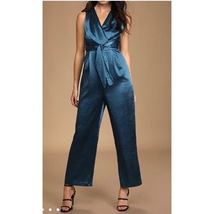 Lulus Crinkle in Time Dark Blue Satin Tie-Front Jumpsuit Size Small Holiday NWT